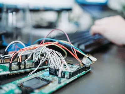 Ein Computer-Motherboard mit Kabeln in Nahaufnahme aus der Sicht eines Spezialisten für eingebettete Systeme.