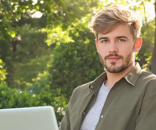 Student mit Bart mit Laptop auf dem Schoss sitzt im Park