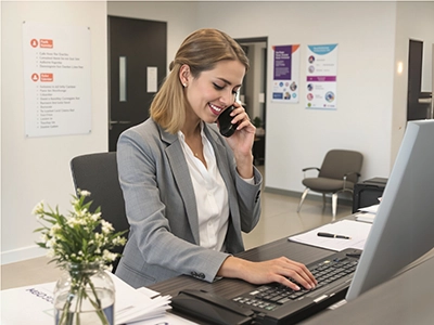 Eine Gesundheitsmanagement-Studentin sitzt im Empfangsbereich einer Praxis und telefoniert.  