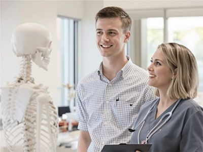 Zwei Gesundheitspädagogik-Studierende stehen vor einem Skelett.  