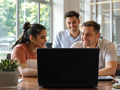 Drei Informatik-Studierende sitzen vor einem Laptop und schauen auf den Bildschirm.  