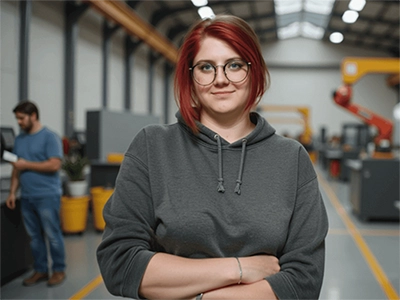 Eine Maschinenbau-Studentin steht mit verschränkten Armen in einer Produktionshalle.