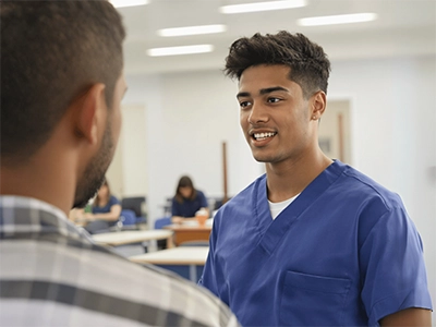 Ein Pflegepädagogik-Student steht im Aufenthaltsraum eines Krankenhauses und spricht mit einem Mann.  