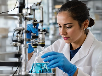 Eine Verfahrenstechnik-Studentin arbeitet in einem Lanbor und schaut auf ein Reagenzglas mit blauer Flüssigkeit.