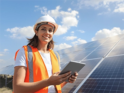 Eine Wirtschaftsingenieurwesen-Studentin mit Helm und Warnweste steht vor einer großen Solaranlage und hält ein Tablet in der Hand.